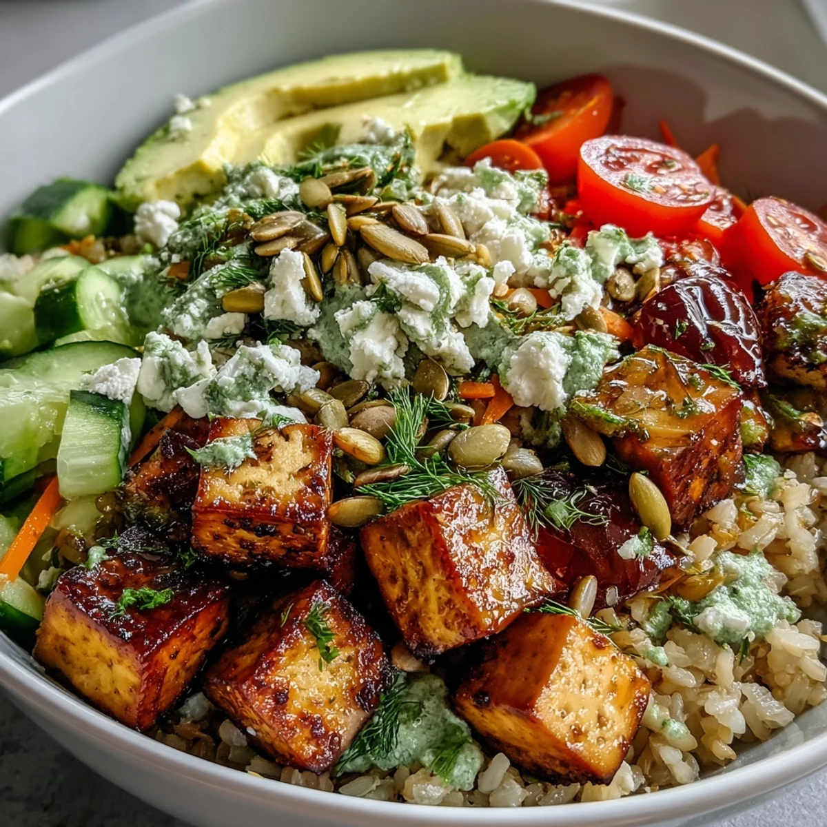 Simple grain bowl featuring quinoa, pan-seared tofu, fresh herbs, and feta, served with a vibrant lemon vinaigrette.