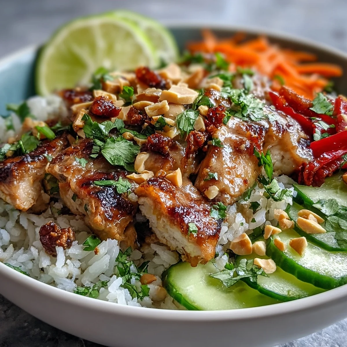 Fresh cilantro and lime wedges garnish a vibrant Thai Peanut Chicken Bowl drizzled with creamy peanut sauce.