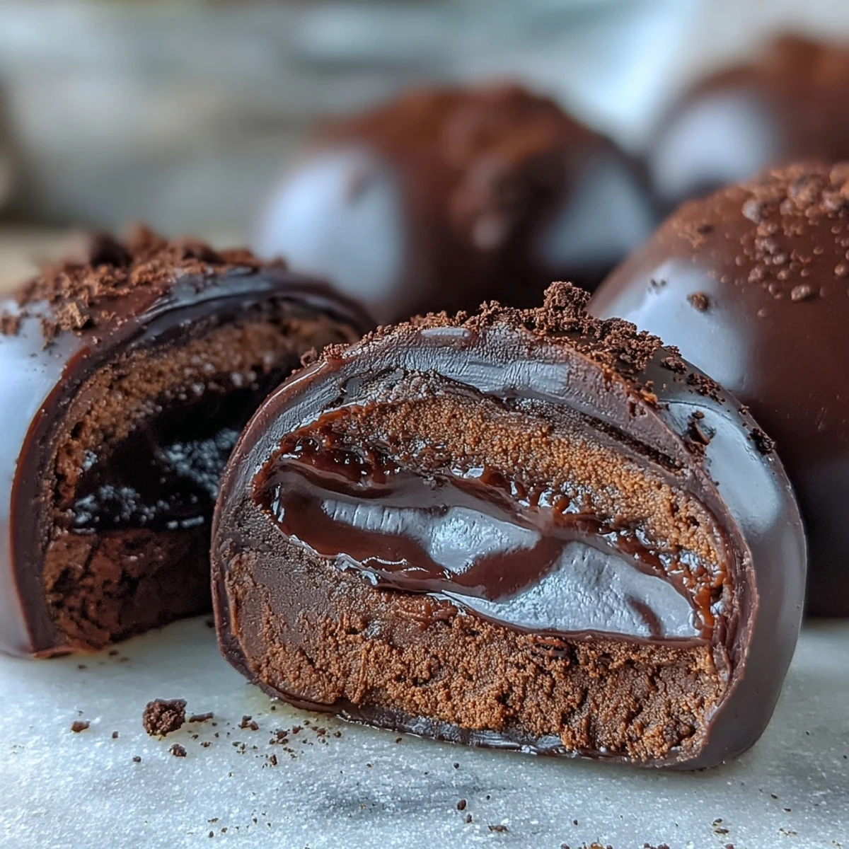 Rich dark chocolate Hojicha Truffles dusted with matcha-like powder on a dessert plate.