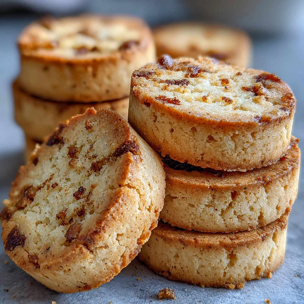 Freshly baked Hojicha Shortbread cookies with a rustic texture and warm brown color arranged on a wooden board.