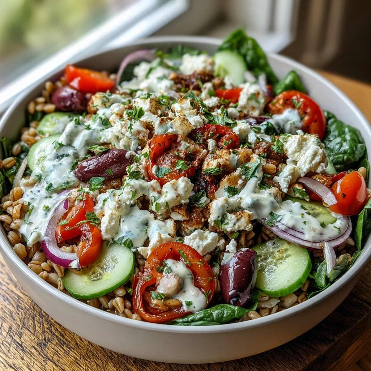 Colorful Mediterranean Farro Bowl featuring farro, spinach, cucumber, tomatoes, and olives, drizzled with a rich tahini lemon dressing.