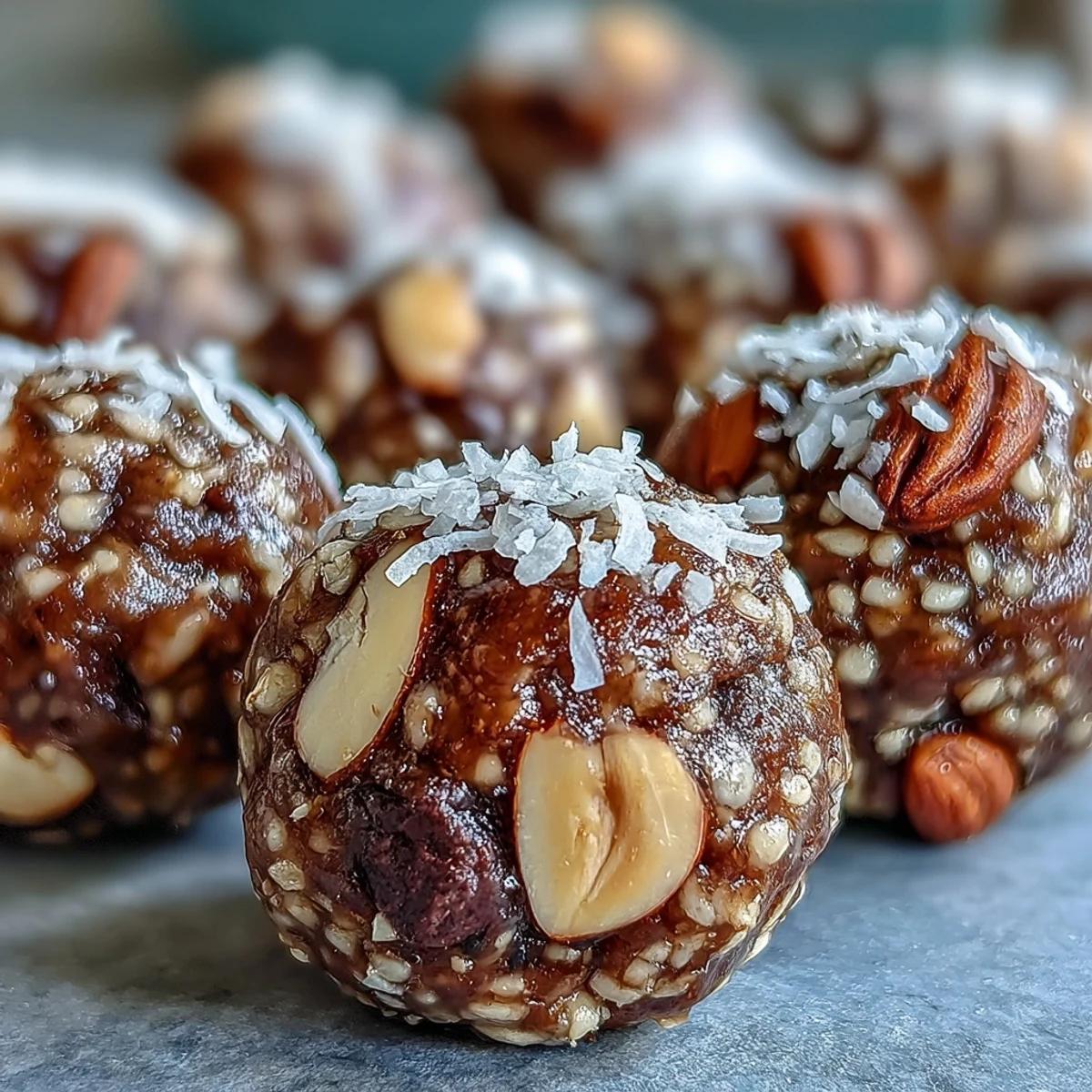 Delicious homemade Hojicha Energy Balls rolled in shredded coconut and cacao nibs.