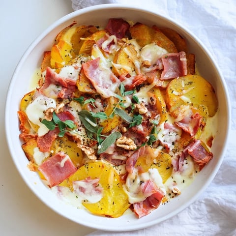 Golden, bubbly Plateau Moufle Chaud et Confortable: creamy, cheesy potatoes and ham are baked to perfection.