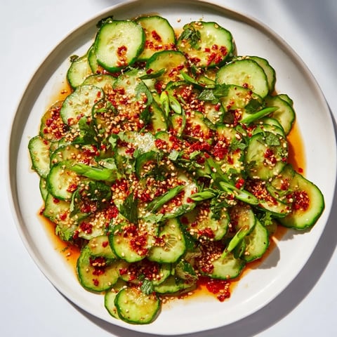 Fresh, crunchy Cucumber Shaker Salad with chili crisp, ready to eat as an exciting side dish.