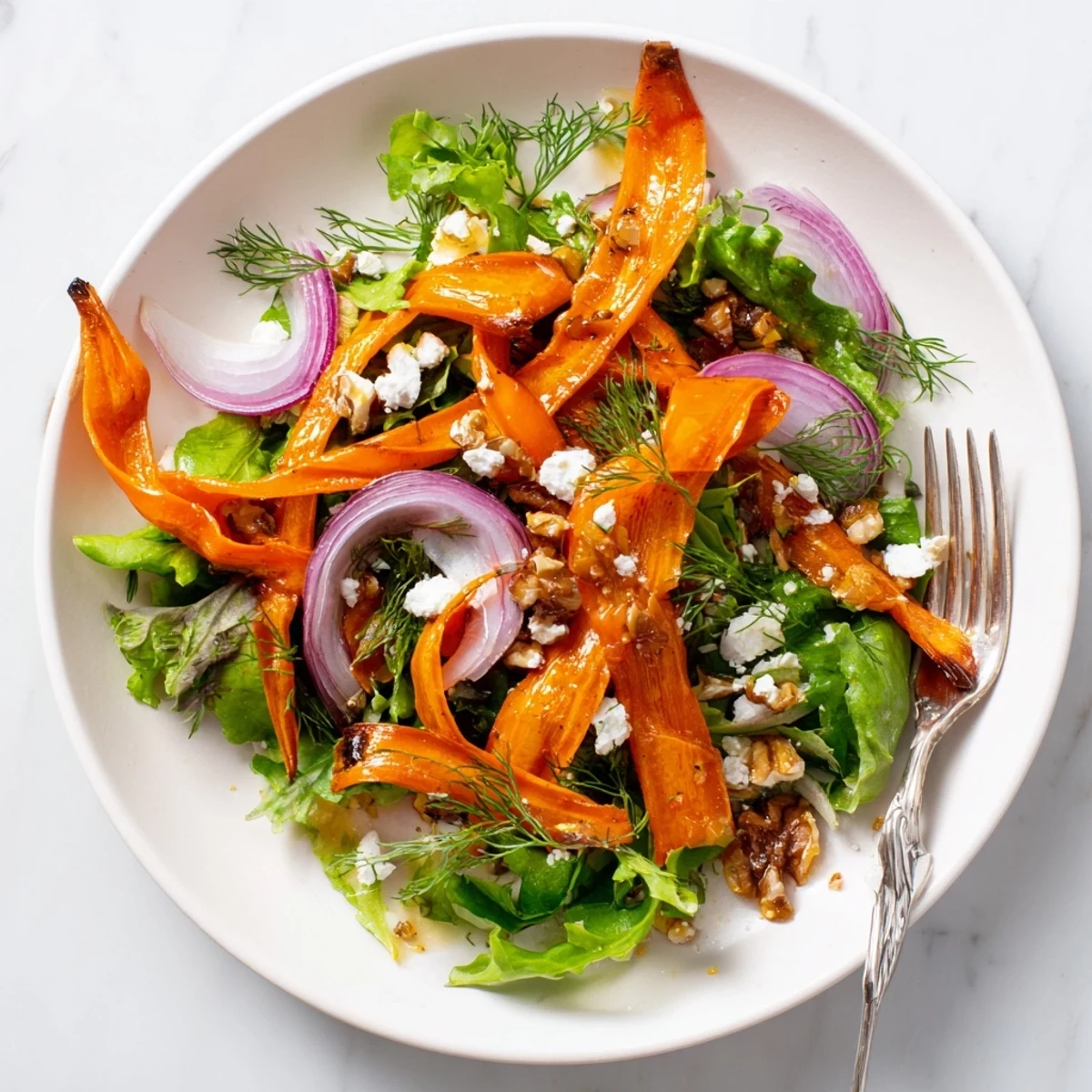 Roasted carrot ribbons glisten in a honey-mustard vinaigrette, layered over fresh greens in a vibrant salad bowl.