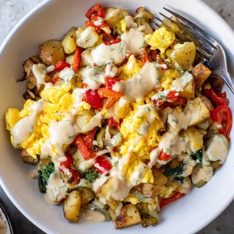 Creamy dill ranch-drizzled Pickle-Fix Prairie Scramble featuring golden potatoes, salty pickles, and soft eggs.
