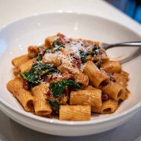 Homemade Creamy Tomato Tuscan Pasta, ready to serve with crusty bread for dipping.