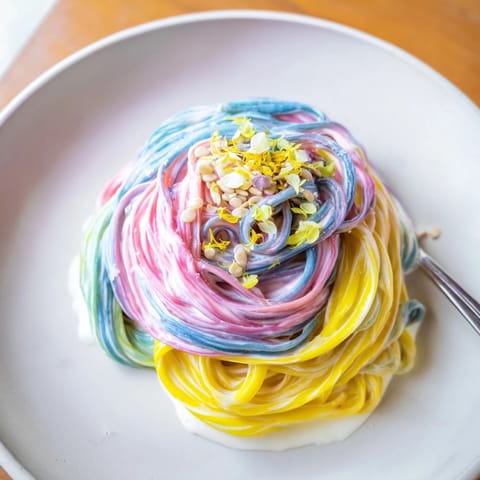 Whimsical Neon Noodle Cloud dish showcasing colorful pasta in delightful cream sauce.  