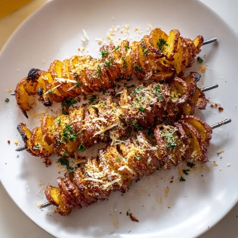 Healthy and fun air-fryer tornado potatoes, golden brown and garnished with Parmesan.  