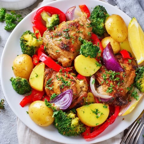 Aromatic Lazy Gourmet Chicken & Vegetable One-Pot, perfectly cooked with earthy herbs and spices.  