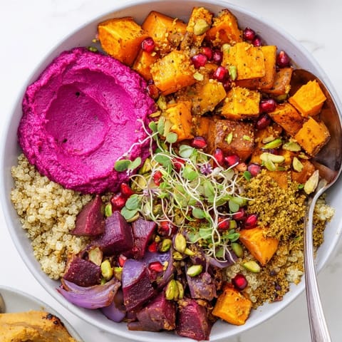 Hearty Spiced Winter Bowls topped with crunchy pistachio-maple crumble and pomegranate seeds.  