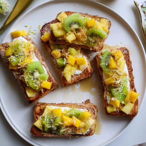 Indulge in this yogurt-custard toast, featuring mango and kiwi for a bright brunch.  