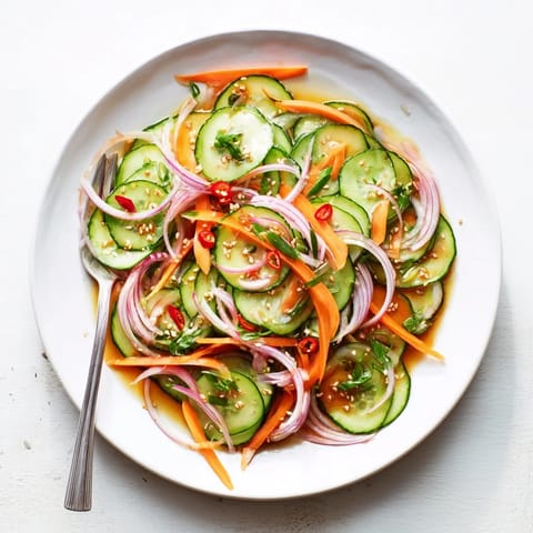 A bright cucumber salad remix topped with toasted sesame seeds and bold flavors.  