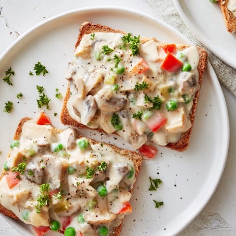 A plate of Chicken à la King featuring tender chicken and veggies on golden toasted bread.
