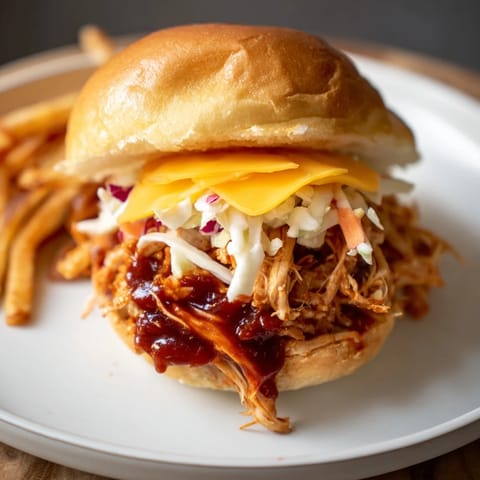 Warm, toasted slider buns piled high with flavorful BBQ Chicken Sliders and a side of golden, crunchy fries.