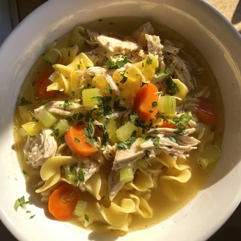 Golden egg noodles swim in this flavorful homemade chicken noodle soup, ideal for a cozy dinner.