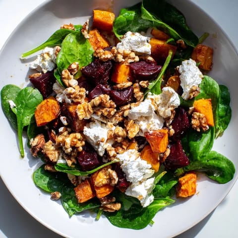 Warm, tender Roasted Beet, Butternut & Spinach Salad: a vegetarian delight with tangy dressing.