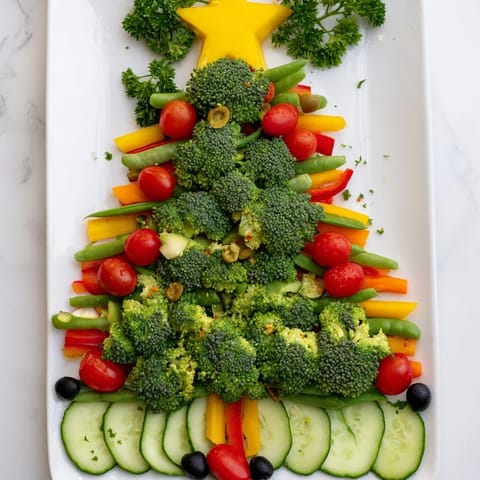 Crisp cucumber and tomato surround this Healthy Christmas Veggie Platter Tree, perfect for your holiday appetizer table.