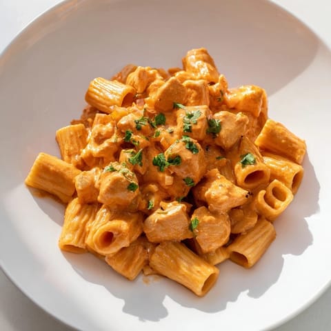 Creamy Chicken Tikka Masala Pasta: A view of the rich, sauce-covered pasta and tender chicken.