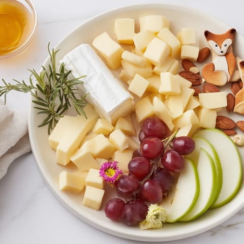 Cozy Forest Animal Board: a delicious, inviting grazing spread featuring colorful fruits, cheeses, and animal crackers.