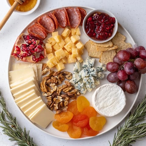 The colorful Christmas 2025 Festive Grazing Board presents an inviting array of artisan cheeses and treats.