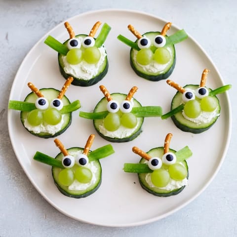 Cute Little Green Men Alien Snack Attack with bright green grapes, olives, and crisp pretzel antennas for fun.