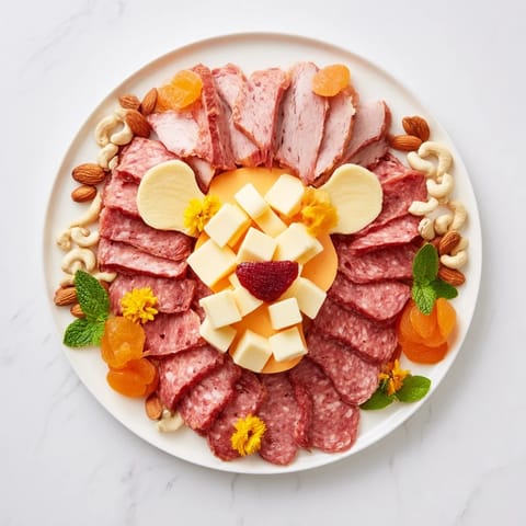 Savory Lion King meat and cheese platter, artfully arranged with fruit and cheese, ready to enjoy.