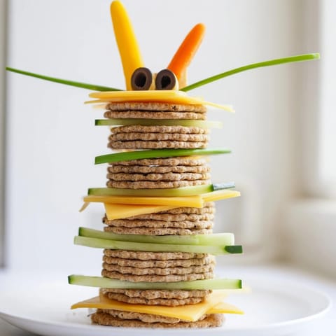 Playful Giraffe Tall Cracker Stack featuring cheddar and Swiss cheese layers with fresh vegetables, perfect snack.