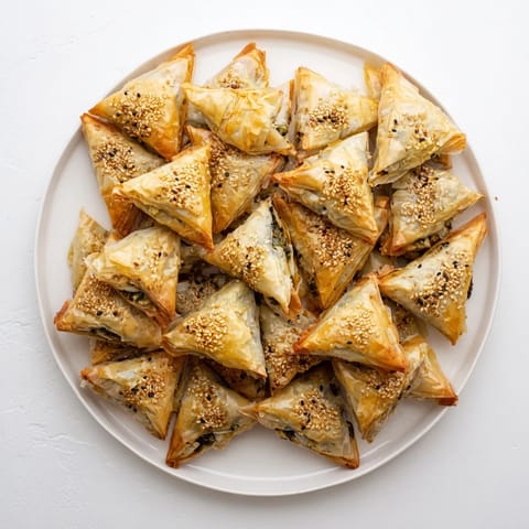 Golden-brown Mini Spanakopita Triangle Cluster arranged for sharing, with flakey layers of phyllo.