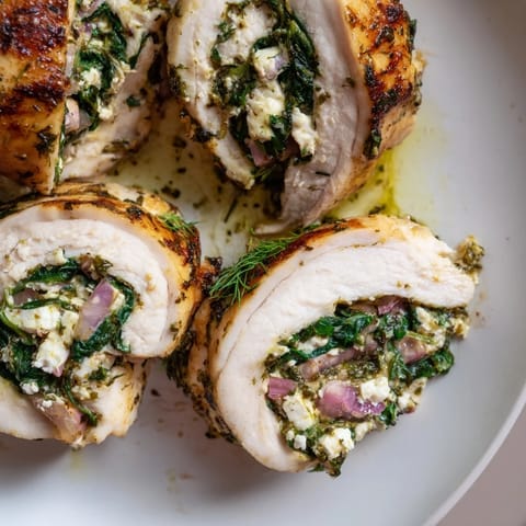 This Spinach Feta Stuffed Chicken recipe displays tender chicken rolls filled with savory spinach and feta cheese.