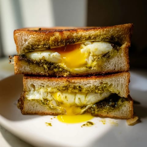 Warm, buttery aroma of a perfectly grilled pesto egg grilled cheese with a soft, melty center.