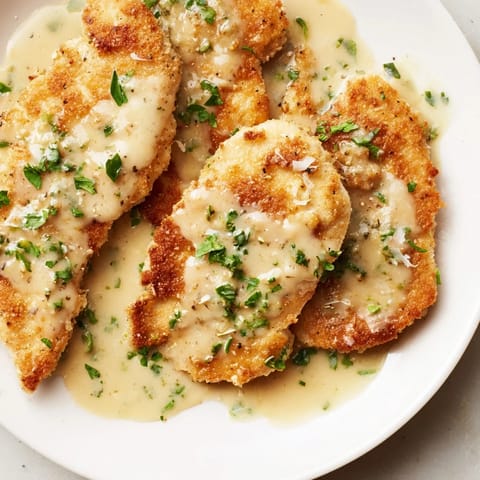 A close-up shot of crispy chicken with garlic cream sauce, highlighting the golden-brown crust and vibrant sauce.