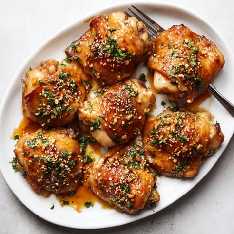 Tender honey garlic glazed chicken thighs with a sticky, caramelized glaze and golden crispy skin, garnished with fresh parsley.