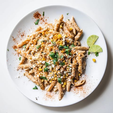 Fork-tender penne pasta coated in creamy Mexican street corn sauce, garnished with crumbled cotija and fresh cilantro leaves.