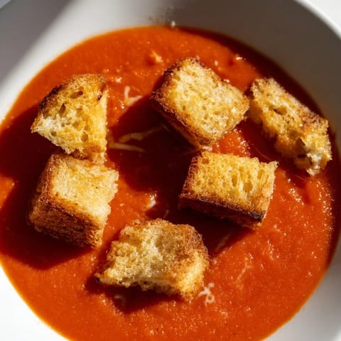 Steaming Roasted Tomato Soup with Grilled Cheese Croutons, featuring golden, cheesy cubes atop a rich red soup.  