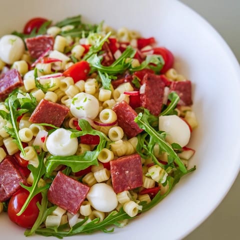 Bowls of colorful Spring Antipasto Pasta Salad with halved cherry tomatoes, pickled giardiniera, and thin red onion slices, perfect for a spring gathering.