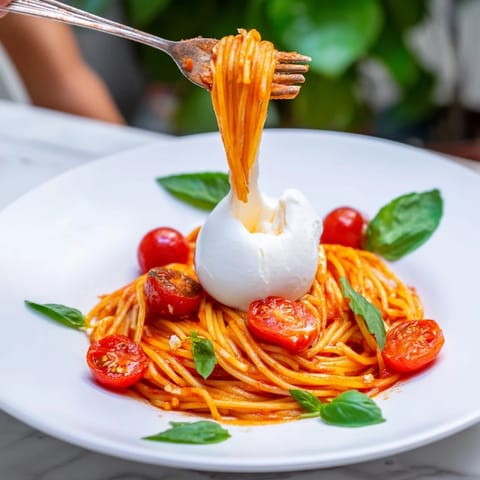 A warm serving of Burrata Caprese Pasta on a white plate, with rich olive oil drizzle and vibrant red tomato halves nestled among fresh basil leaves.  