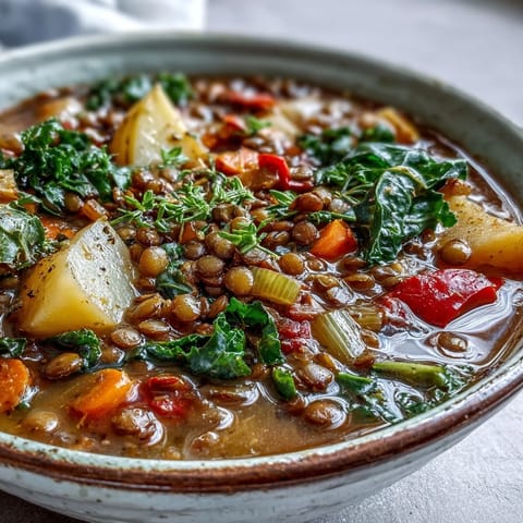 Rich, savory Vegetarian Lentil Stew simmering in a rustic pot, garnished with parsley.
