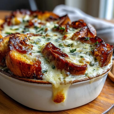 A freshly baked Croque Monsieur Casserole in a glass dish, topped with nutmeg-spiced béchamel sauce and crisp, golden edges.