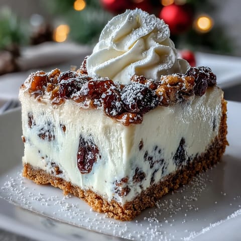 A slice of Christmas Cheesecake Slab reveals creamy spiced filling, tangy dried fruits, and a golden digestive biscuit crust.
