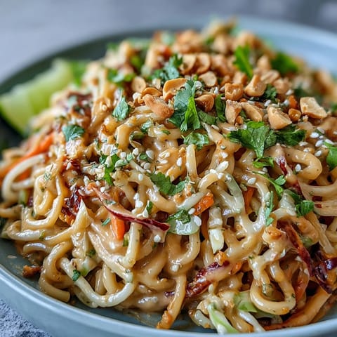 Asian Peanut Noodle Bowl garnished with sesame seeds and cilantro, served on a wooden table.