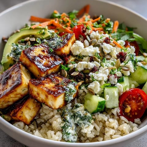 Colorful simple grain bowl with brown rice, chickpeas, cherry tomatoes, cucumber, and avocado, drizzled with lemon dressing.