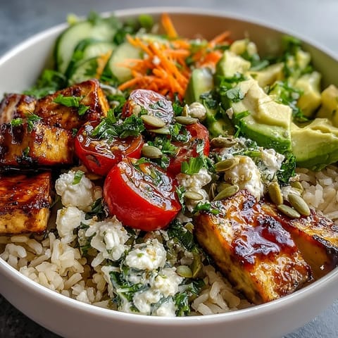 Simple grain bowl topped with grilled chicken, shredded carrots, red onion, and pumpkin seeds, ready for a quick lunch.