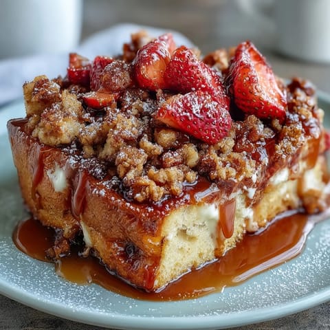 A golden baked French toast casserole with juicy strawberries and a cinnamon crumb topping, perfect for spring brunch.