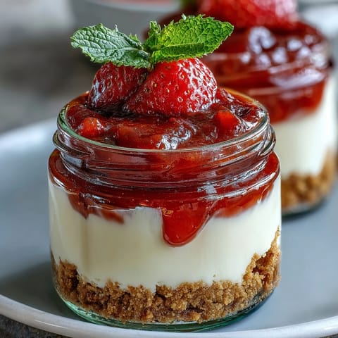 Creamy no-bake strawberry cheesecake jars layered with buttery graham cracker base and fresh strawberry compote, perfect for spring parties or picnics.
