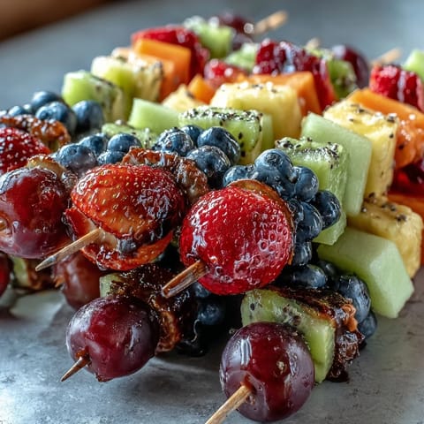 Rainbow Fruit Skewers with Honey Dip: A colorful arrangement of strawberries, pineapple, kiwi, blueberries, grapes, and cantaloupe served with a creamy honey-yogurt dip.