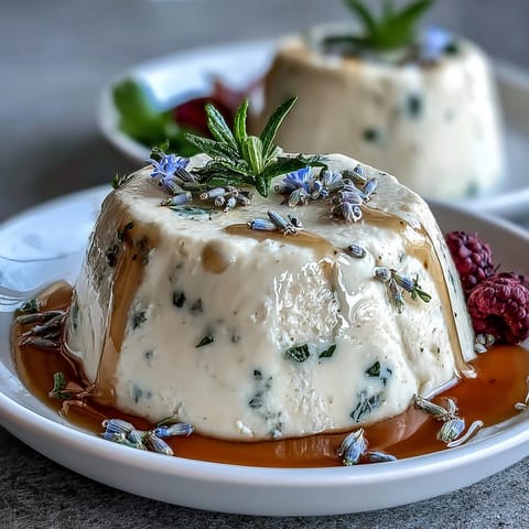 Silky honey lavender panna cotta with a delicate floral aroma, served in chilled glasses with fresh berries.