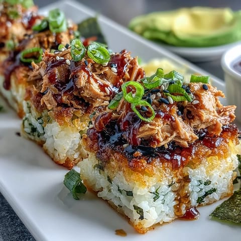 Golden-fried rice squares piled high with luscious, bright red Spicy Tuna mix.