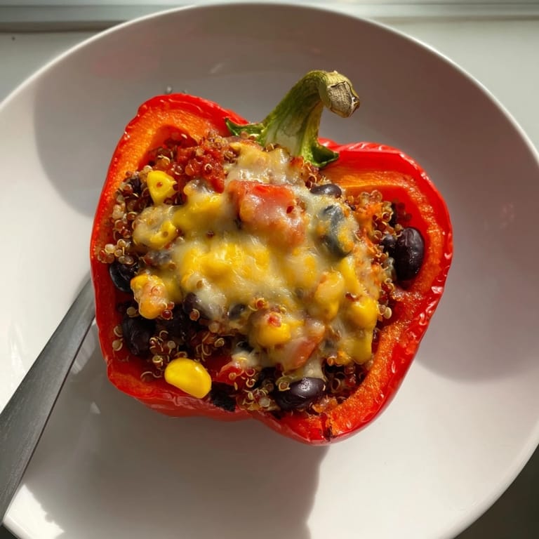 Enjoy colorful Veggie-Packed Stuffed Peppers, bursting with fresh fillings atop a plate.