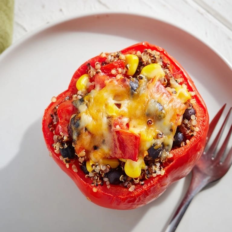 Baked Veggie-Packed Stuffed Peppers, a vibrant vegetarian meal, fragrant and deliciously browned.